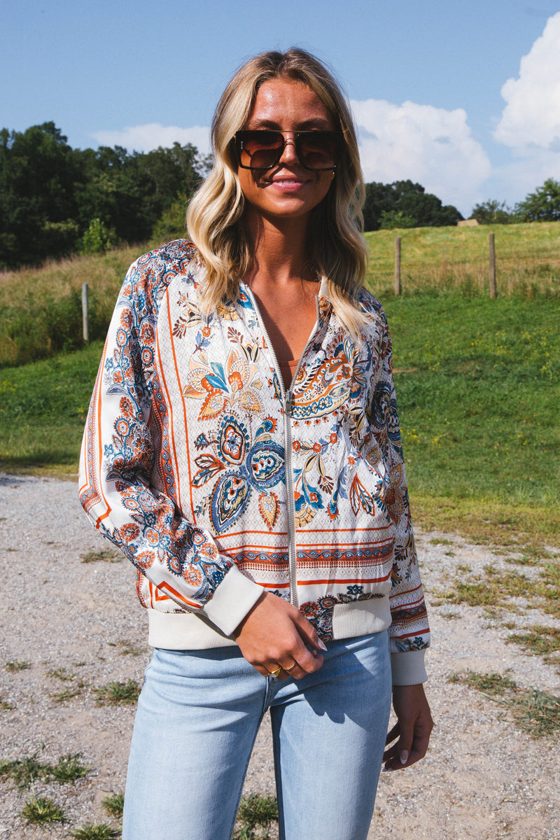 High End Reversible Paisley Bomber Jacket, Light Champagne