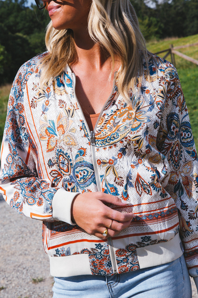 High End Reversible Paisley Bomber Jacket, Light Champagne