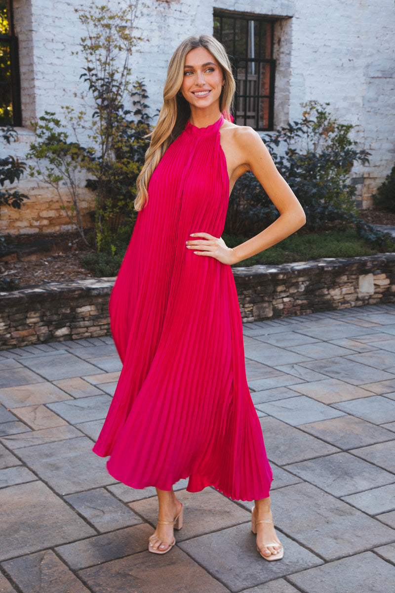 Polly Pleated Long Dress, Fuchsia