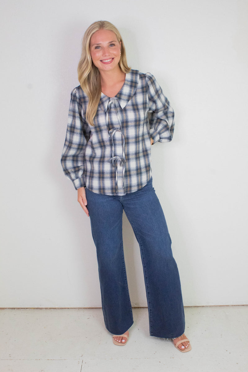 Raelynn Peter Pan Collared Shirt, Cream-Blue Plaid