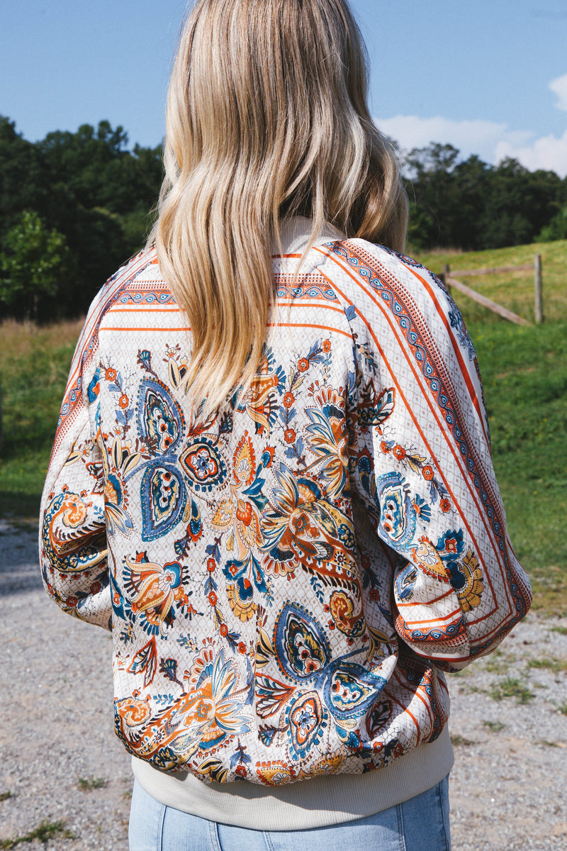 High End Reversible Paisley Bomber Jacket, Light Champagne