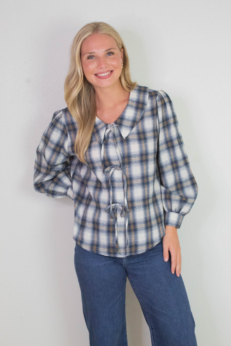 Raelynn Peter Pan Collared Shirt, Cream-Blue Plaid