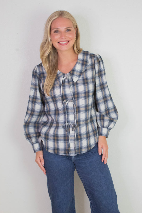Raelynn Peter Pan Collared Shirt, Cream-Blue Plaid