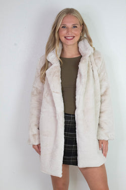 Ayla Faux Fur Collared Long Coat, Tan