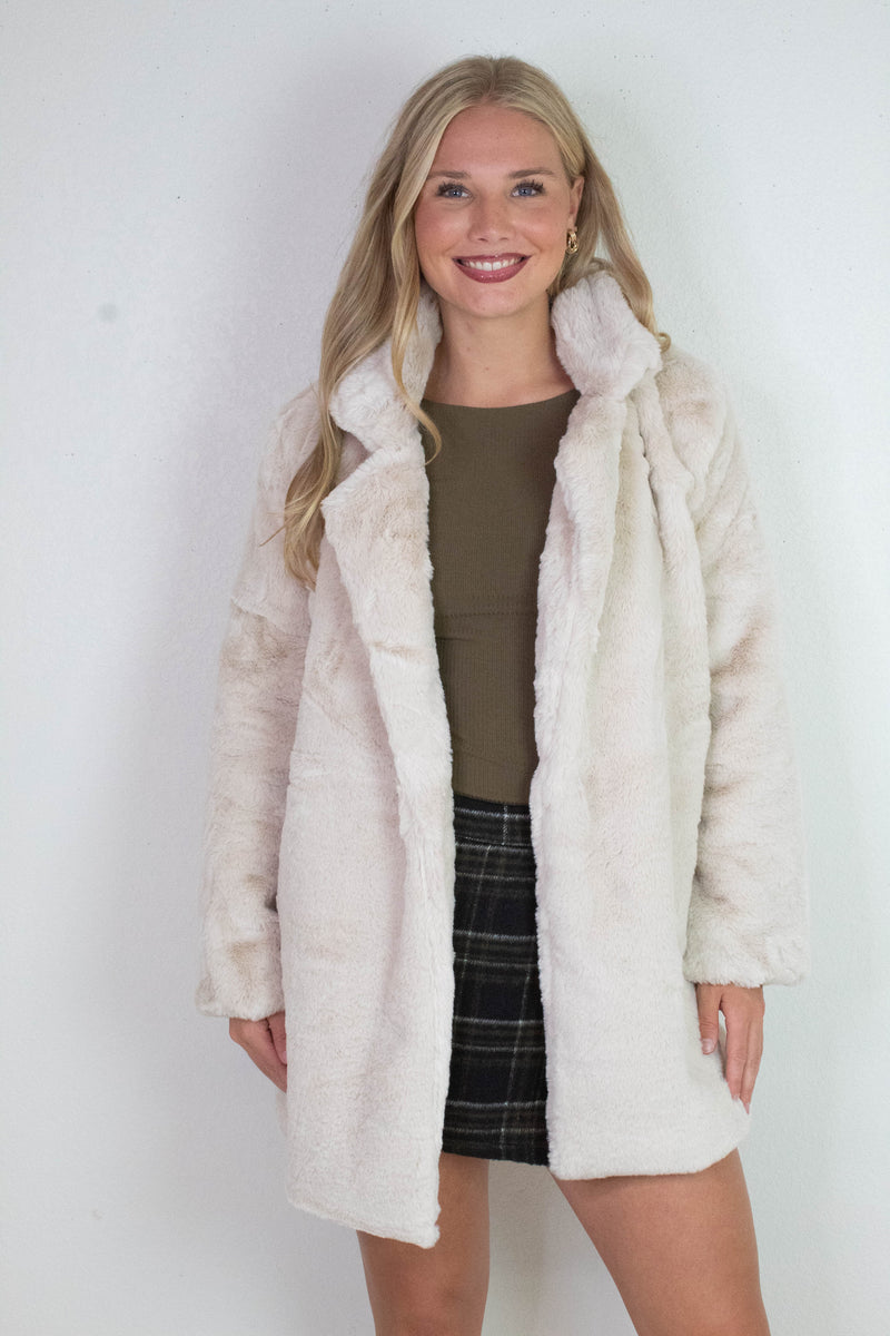 Ayla Faux Fur Collared Long Coat, Tan