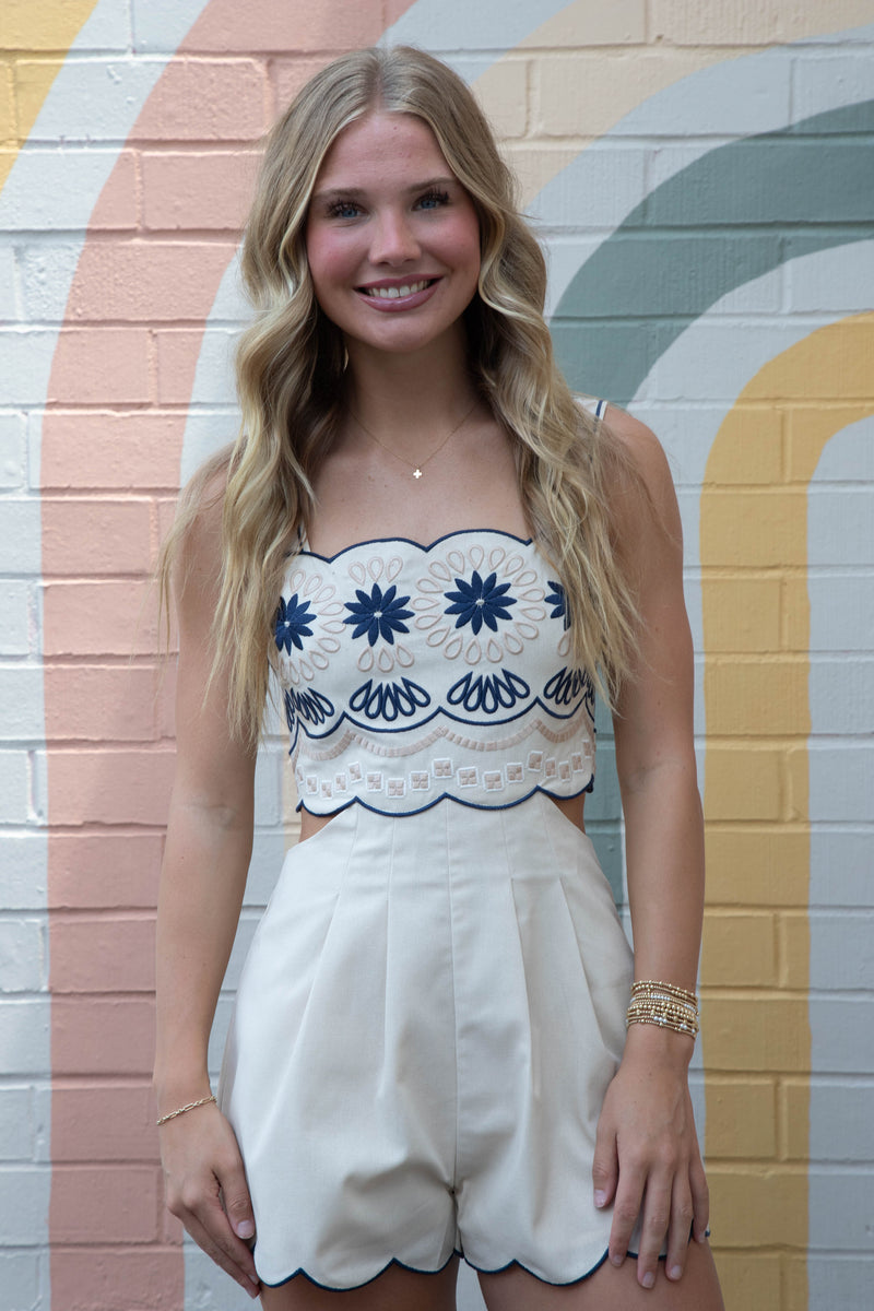 Matilda Embroidered Romper, Light Taupe