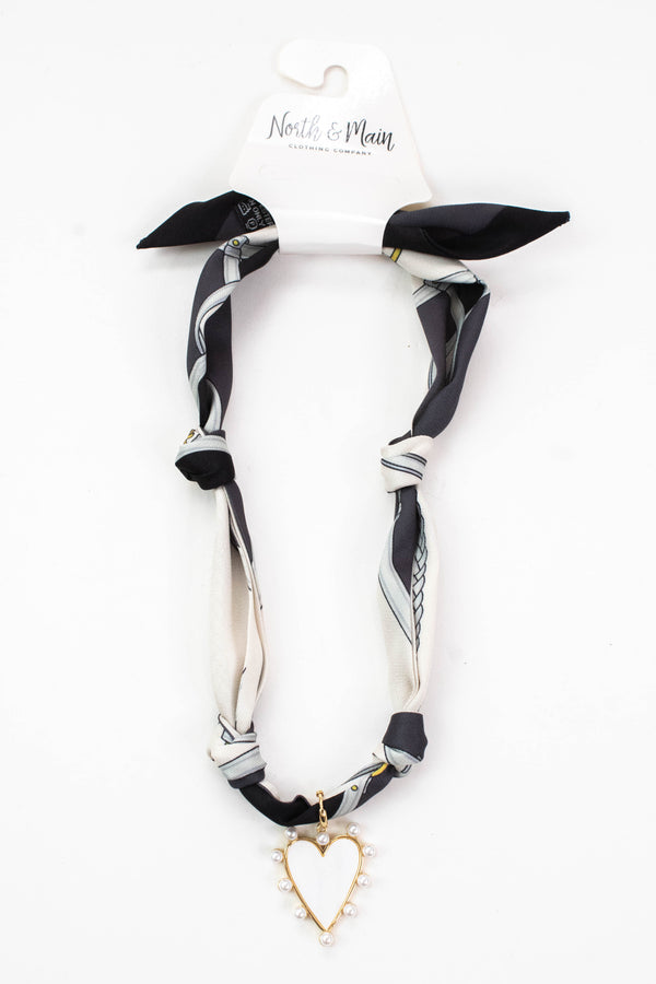Mavis Pearlized Heart Scarf Necklace, Grey/White