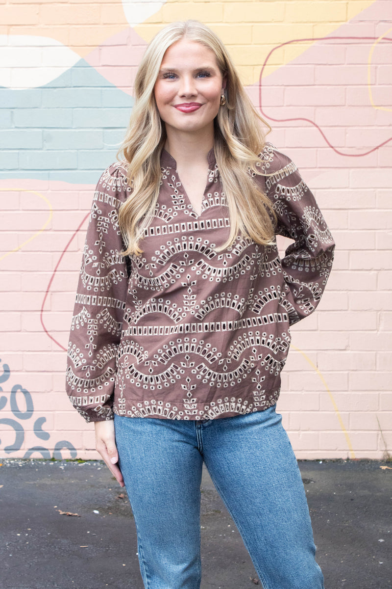 Daphne Eyelet Embroidered Blouse, Mocha