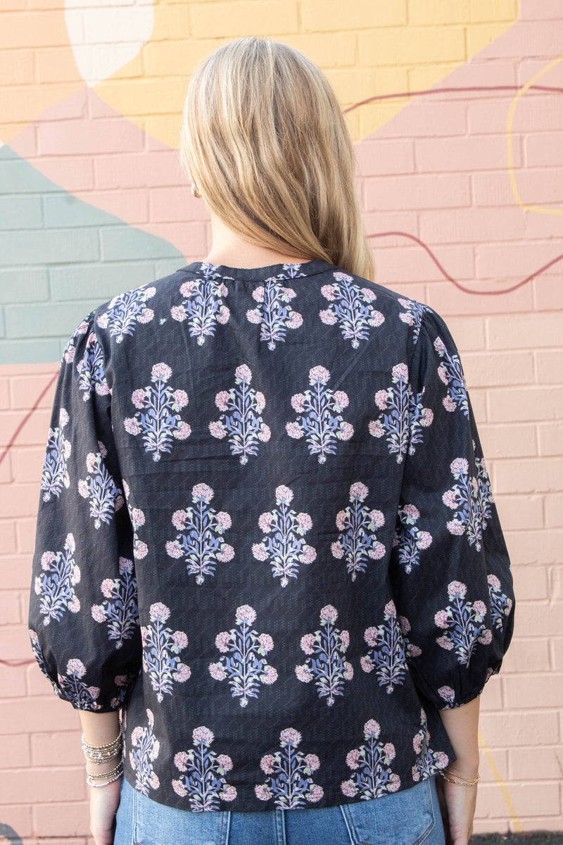 Reese Tie Neck Blouse, Black Mix