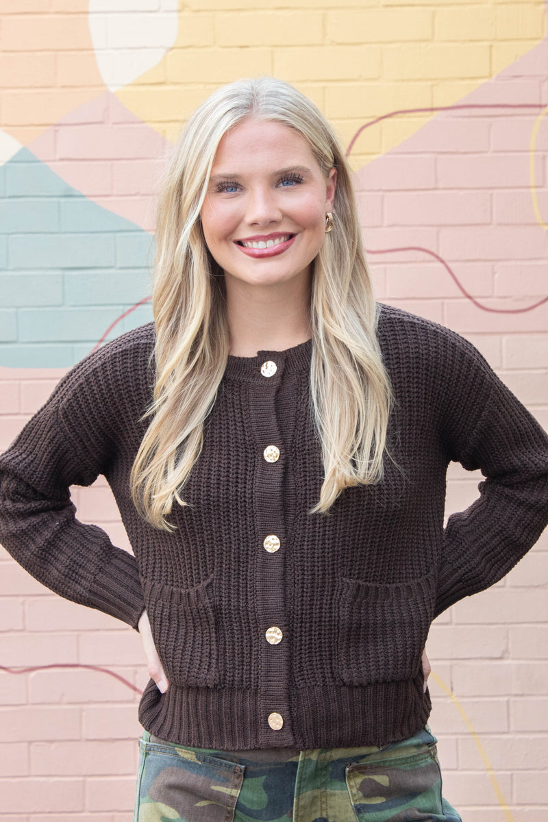 Catalina Metal Button Front Cardigan, Brown