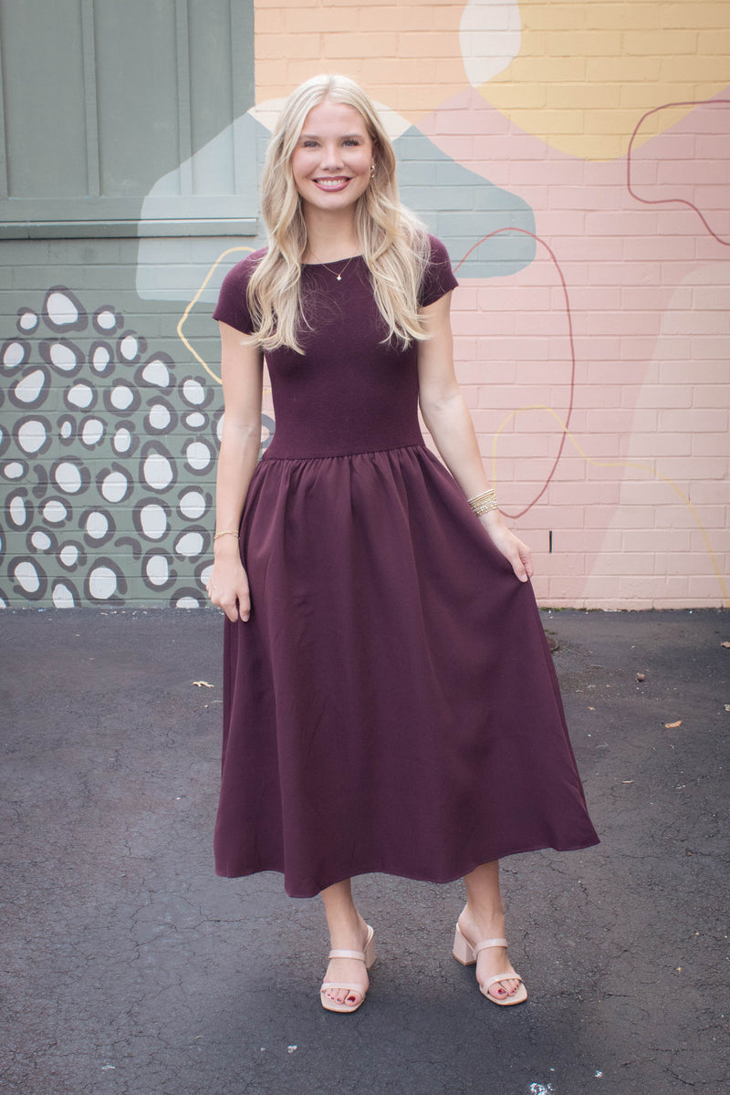 Lillian Woven Knit Mix Dress, Maroon