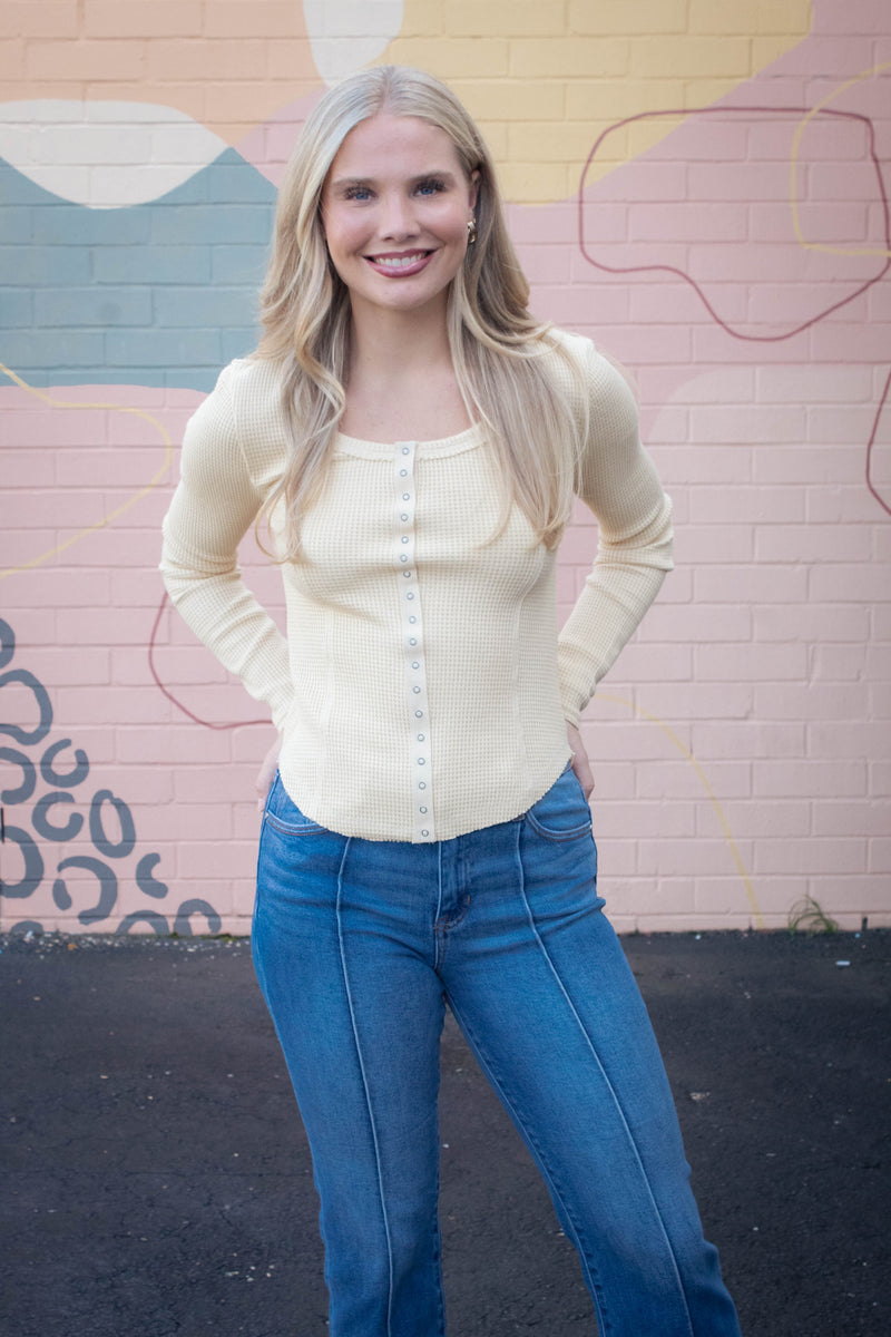 Opal Waffle Knit Snap Button Top, Yellow