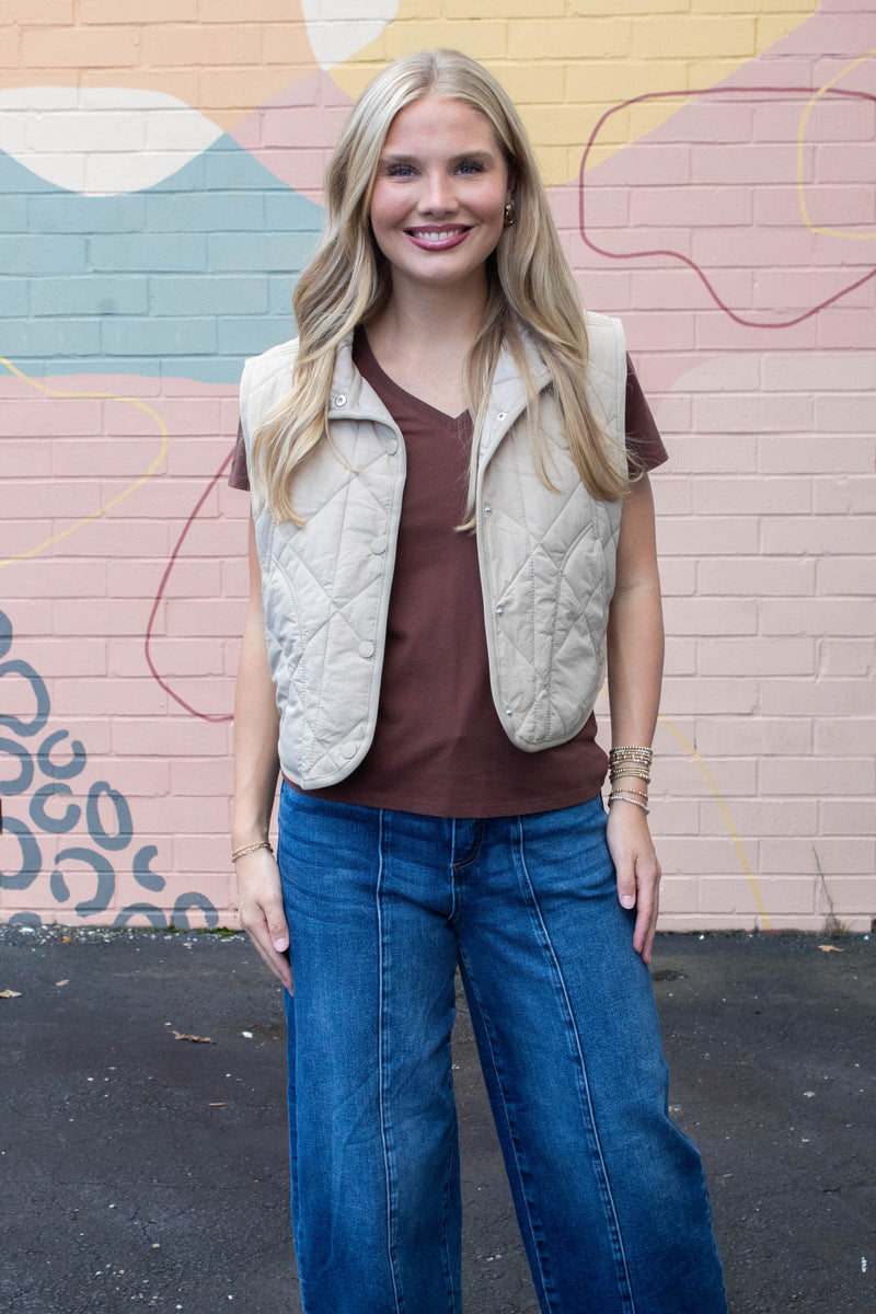 Sara Snap Button Quilted Vest, Khaki
