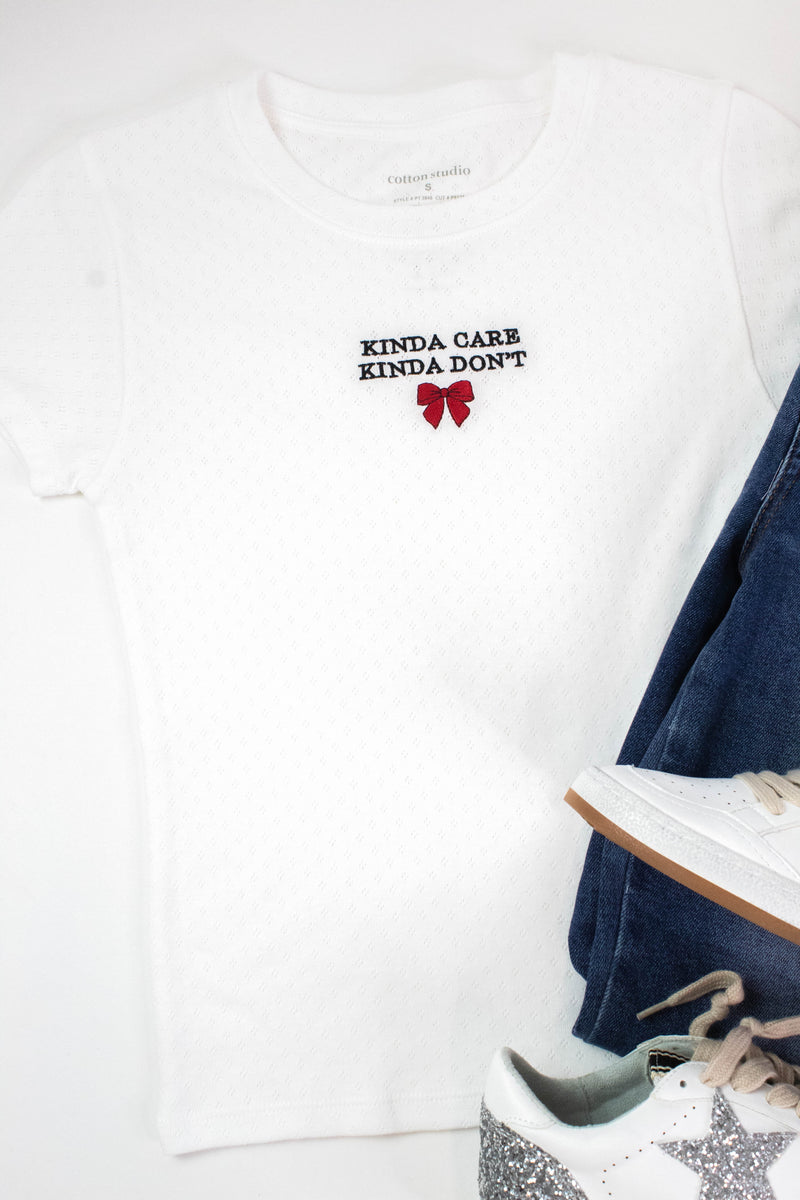 Kinda Care Kinda Don't Pointelle Baby Tee, Off White