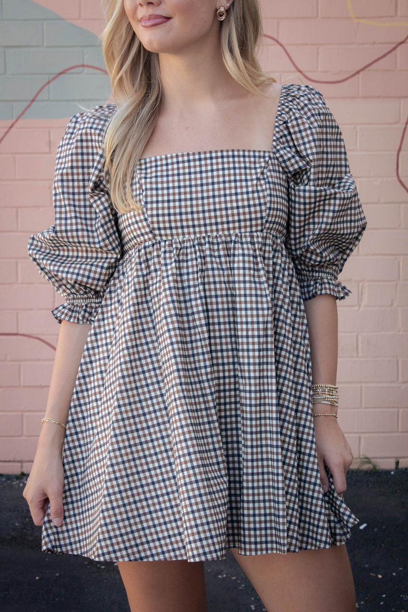 Rumi Square Neck Plaid Mini Dress, Navy/Brown