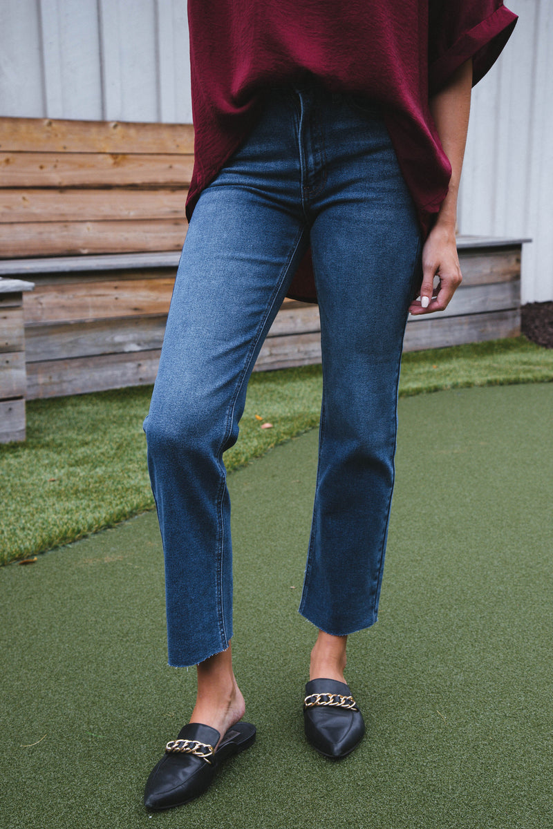 Samara Hem Detail Straight Leg Jeans, Dark Denim