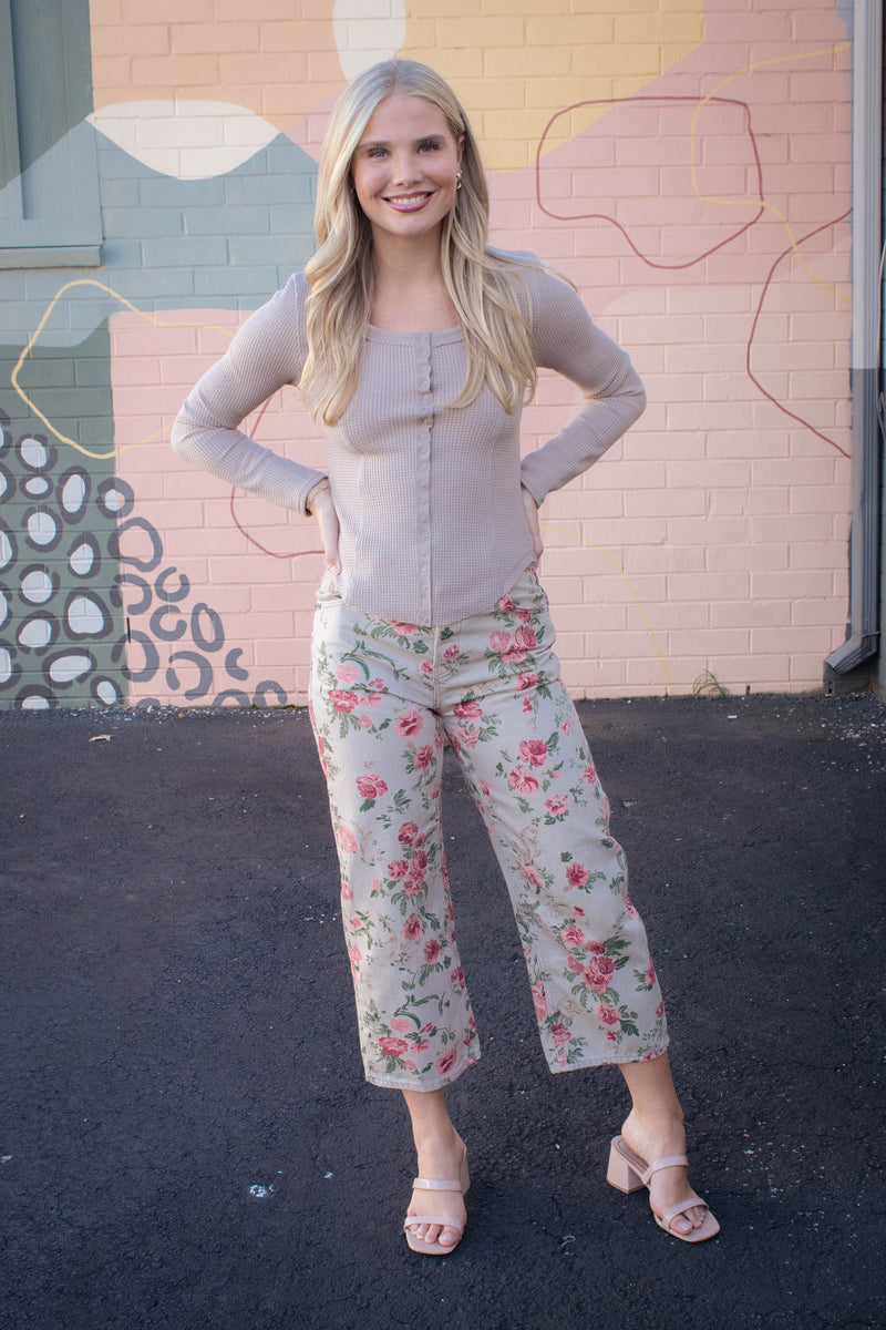 Opal Waffle Knit Snap Button Top, Mocha