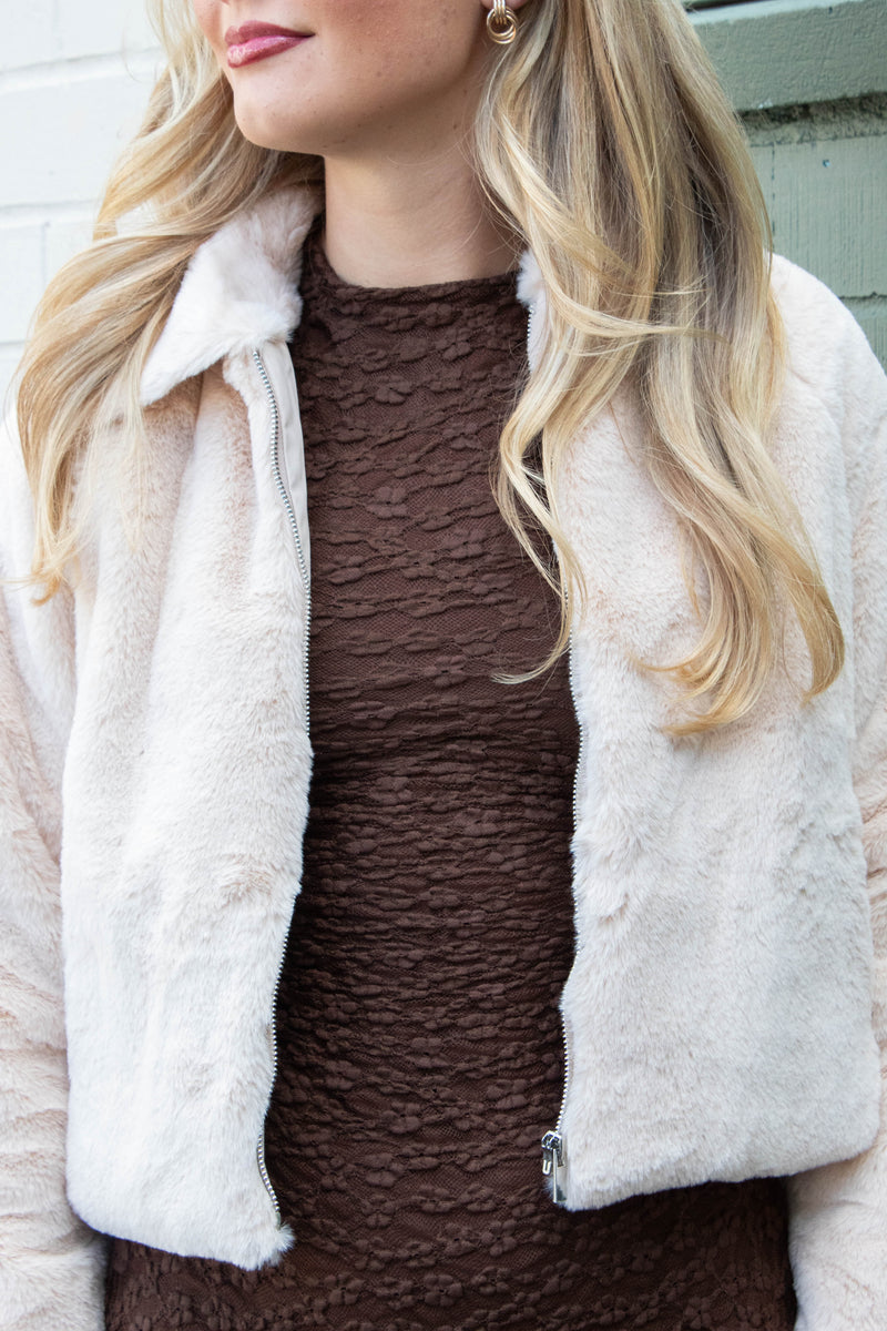 Libby Faux Fur Zip Up Jacket, Cream | Sadie & Sage