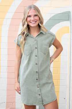 Addison Cuffed Button Down Shirt Dress, Olive