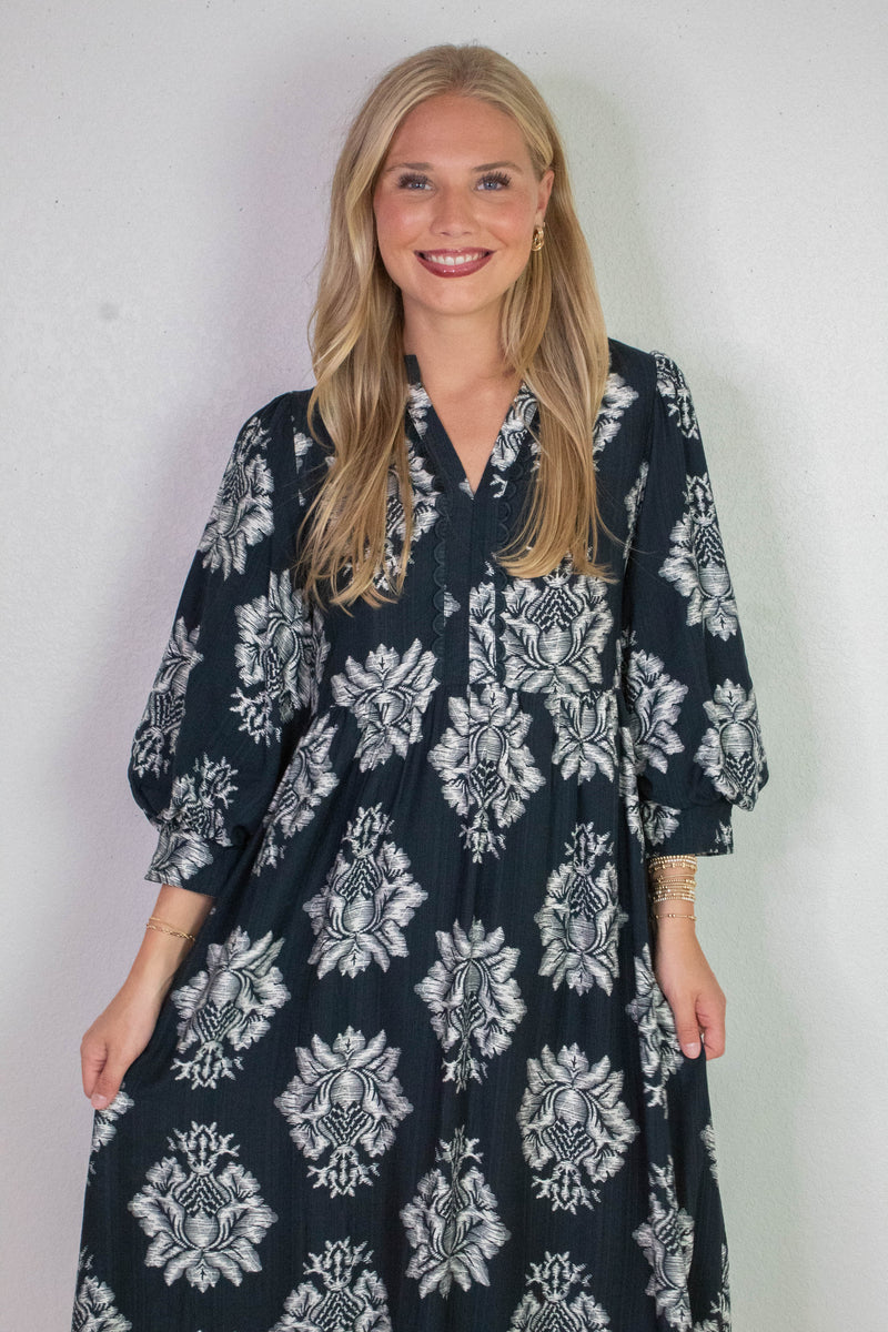 Cecilia Boho Floral Midi Dress, Navy