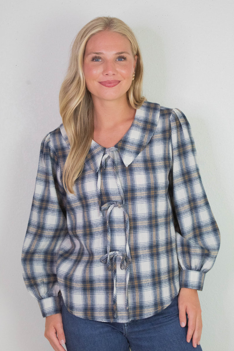 Raelynn Peter Pan Collared Shirt, Cream-Blue Plaid