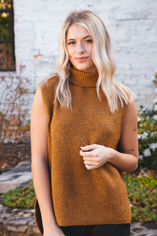 Amelie Turtleneck Sweater Vest, Pale Brown