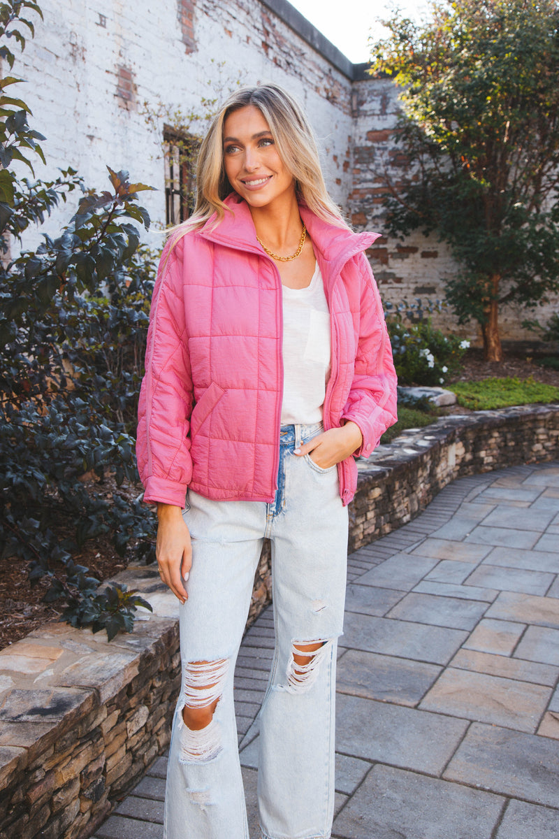 Strawberry Skies Packable Puffer Jacket, Rose