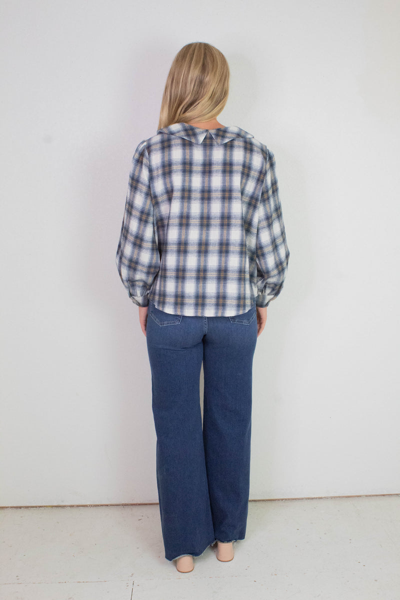 Raelynn Peter Pan Collared Shirt, Cream-Blue Plaid
