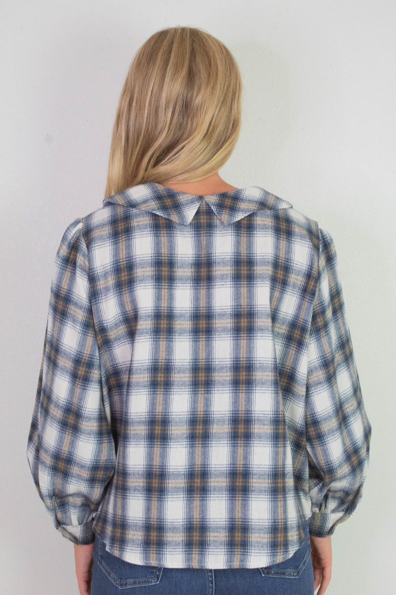 Raelynn Peter Pan Collared Shirt, Cream-Blue Plaid