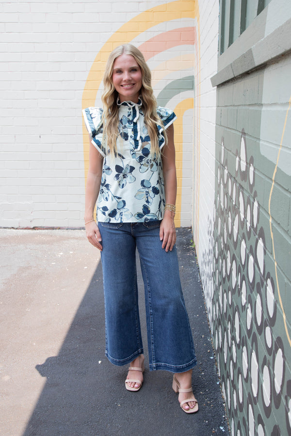Oaklyn Accent Bordered Floral Blouse, Navy
