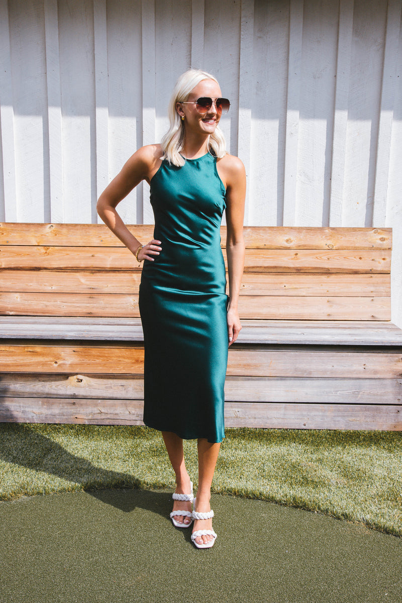 Afterglow Satin Long Dress, Hunter Green