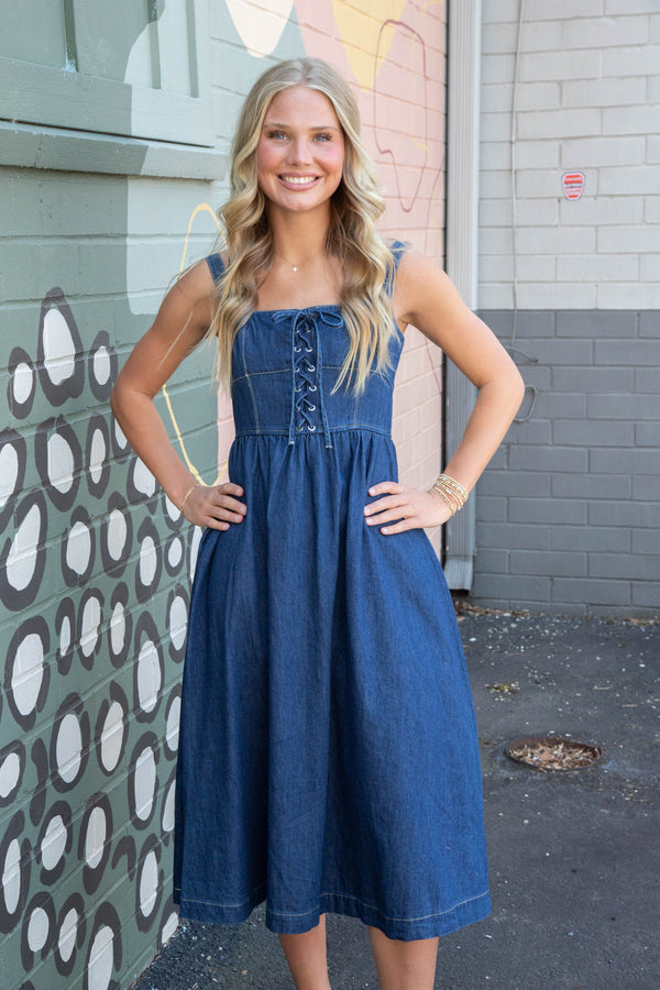 Eliana Lace Up Midi Dress, Denim