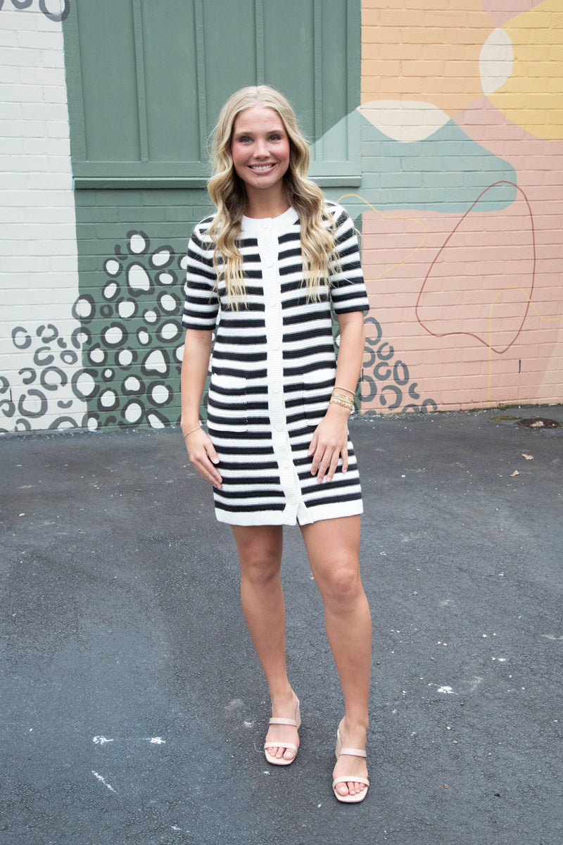 Ayla Button Front Knitted Dress, Chalk/Black | Sanctuary North & Main Clothing Company Ayla Button Front Knitted Dress, Chalk/Black | Sanctuary North & Main Clothing Company