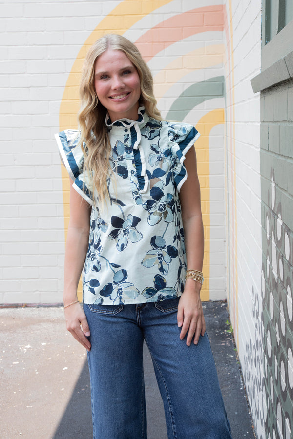 Oaklyn Accent Bordered Floral Blouse, Navy