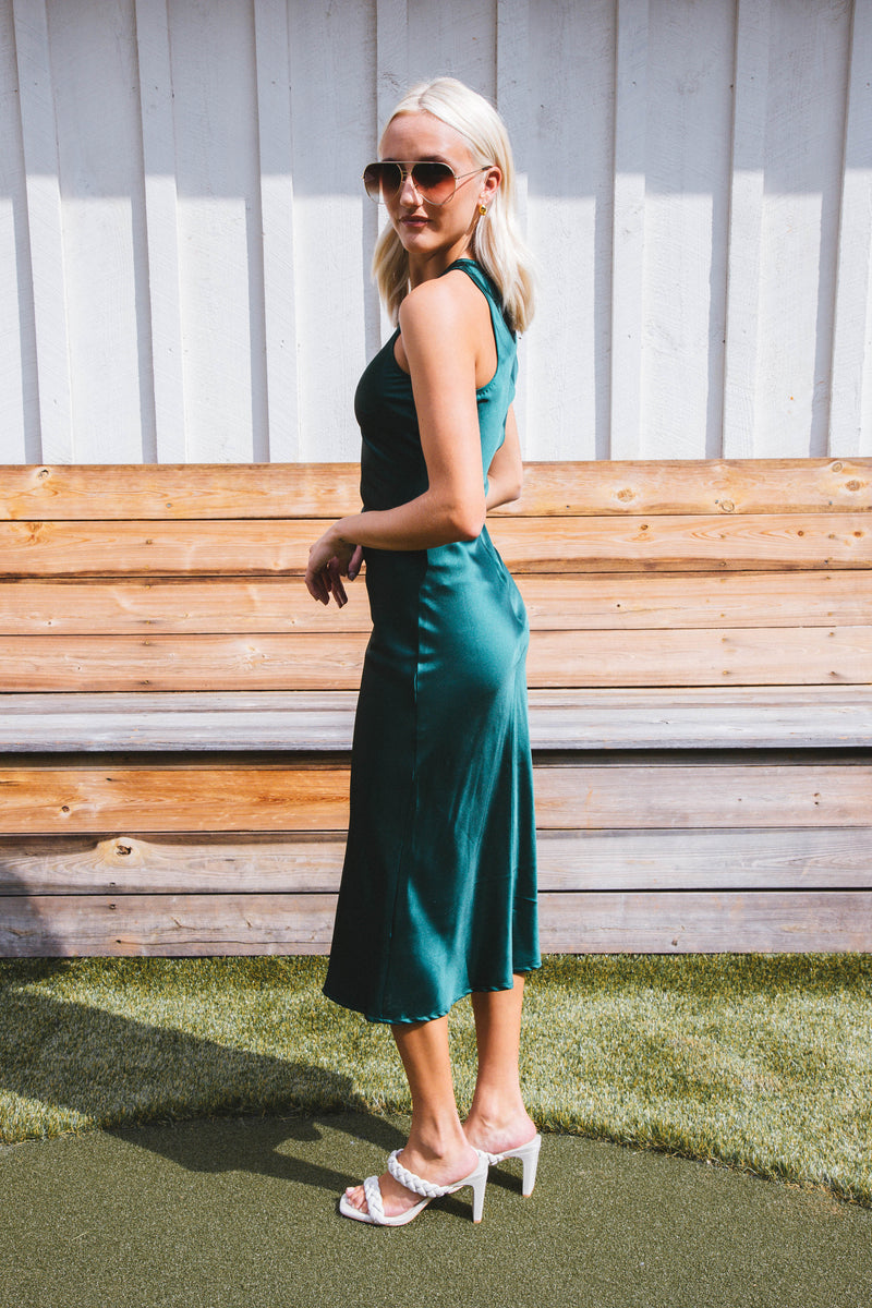 Afterglow Satin Long Dress, Hunter Green