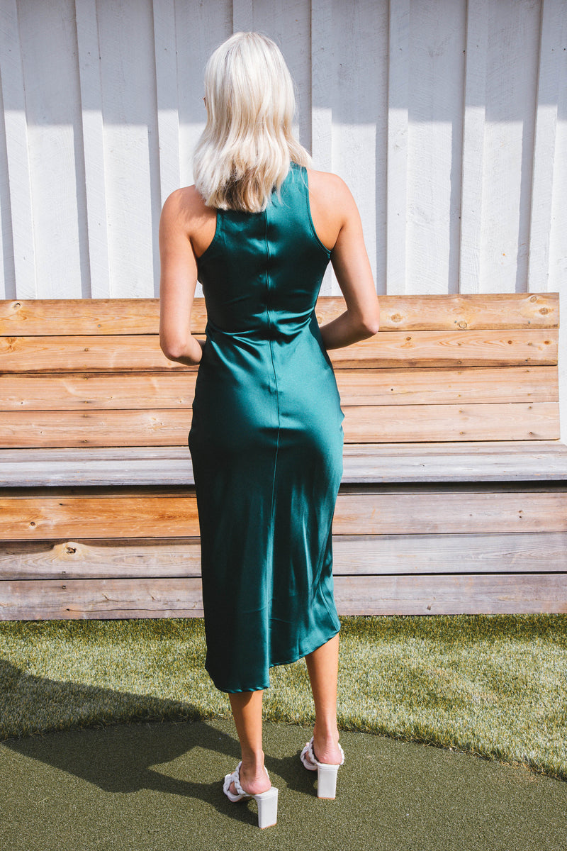 Afterglow Satin Long Dress, Hunter Green