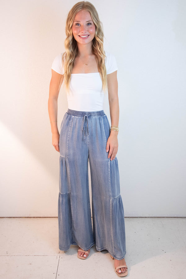 Dorothy Ruffled Side Wide Leg Pants, Washed Denim
