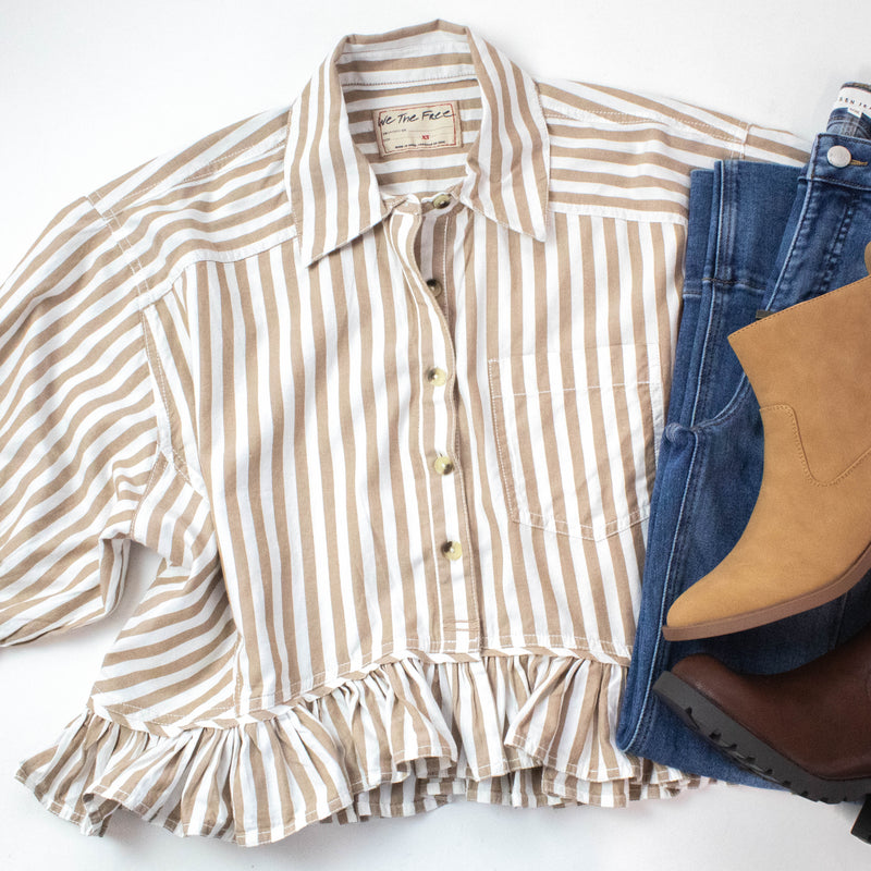 Bailey Stripe Ruffle Hem Shirt, Neutral Combo | Free People