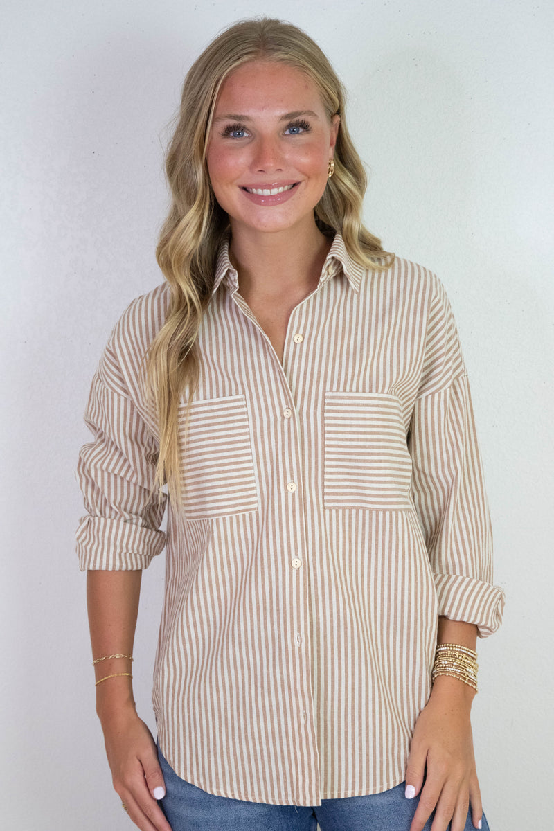 Rachel Striped Button Down Shirt, Taupe