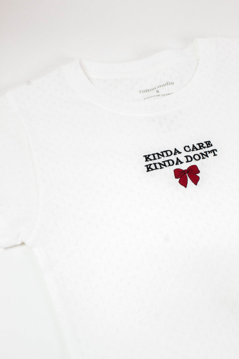 Kinda Care Kinda Don't Pointelle Baby Tee, Off White
