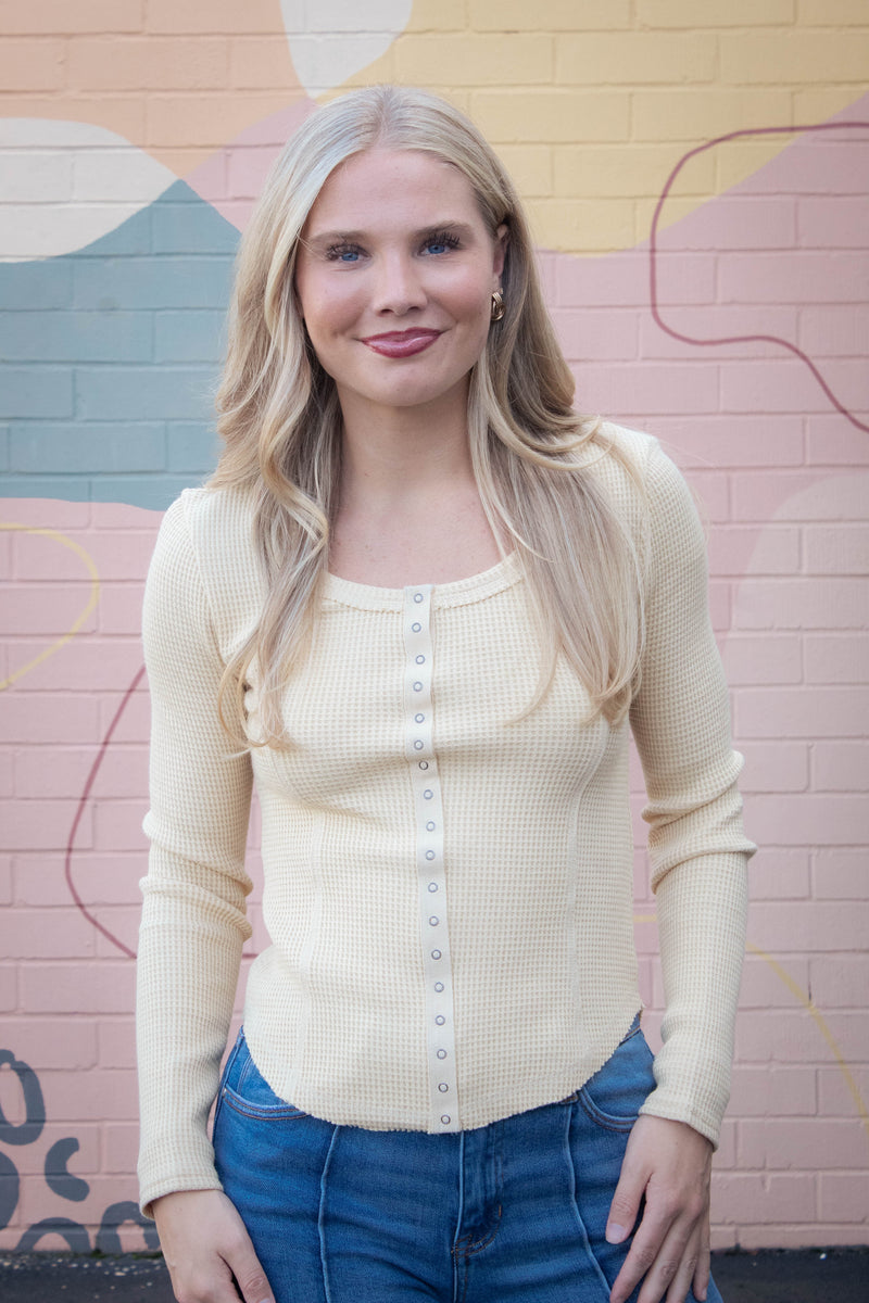 Opal Waffle Knit Snap Button Top, Yellow