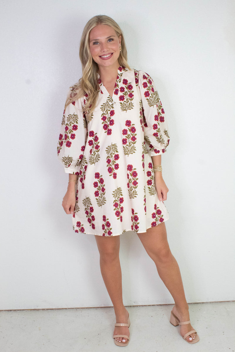 Esme Floral V-Neck Mini Dress, Red Ecru