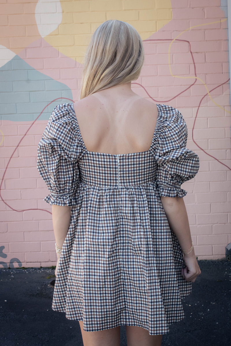 Rumi Square Neck Plaid Mini Dress, Navy/Brown