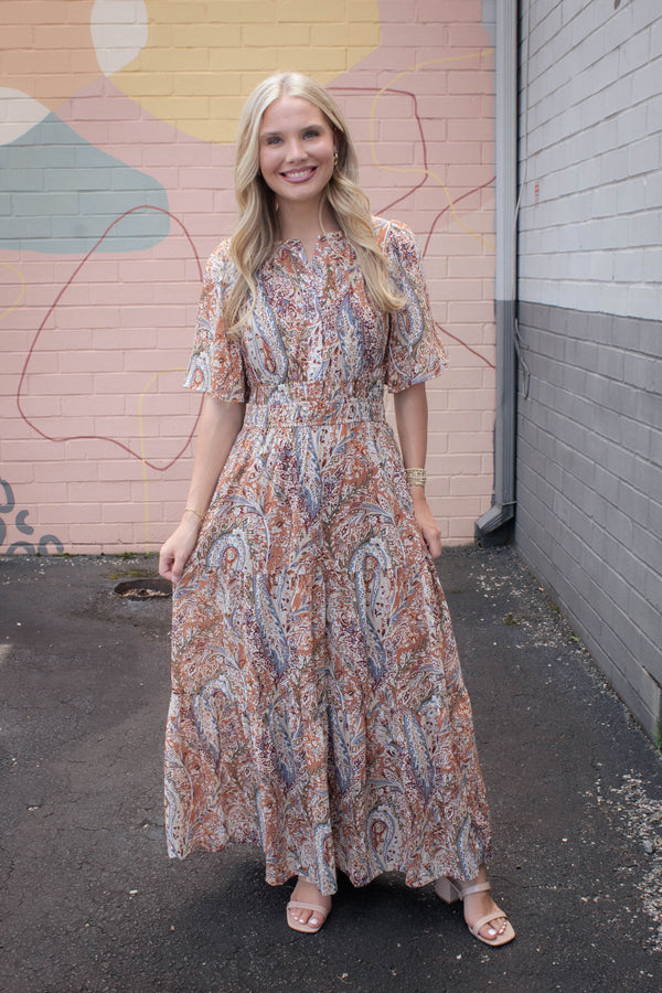 Valerie Half Flutter Sleeve Maxi Dress, Cinnamon