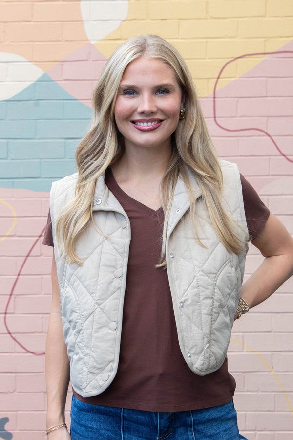 Sara Snap Button Quilted Vest, Khaki