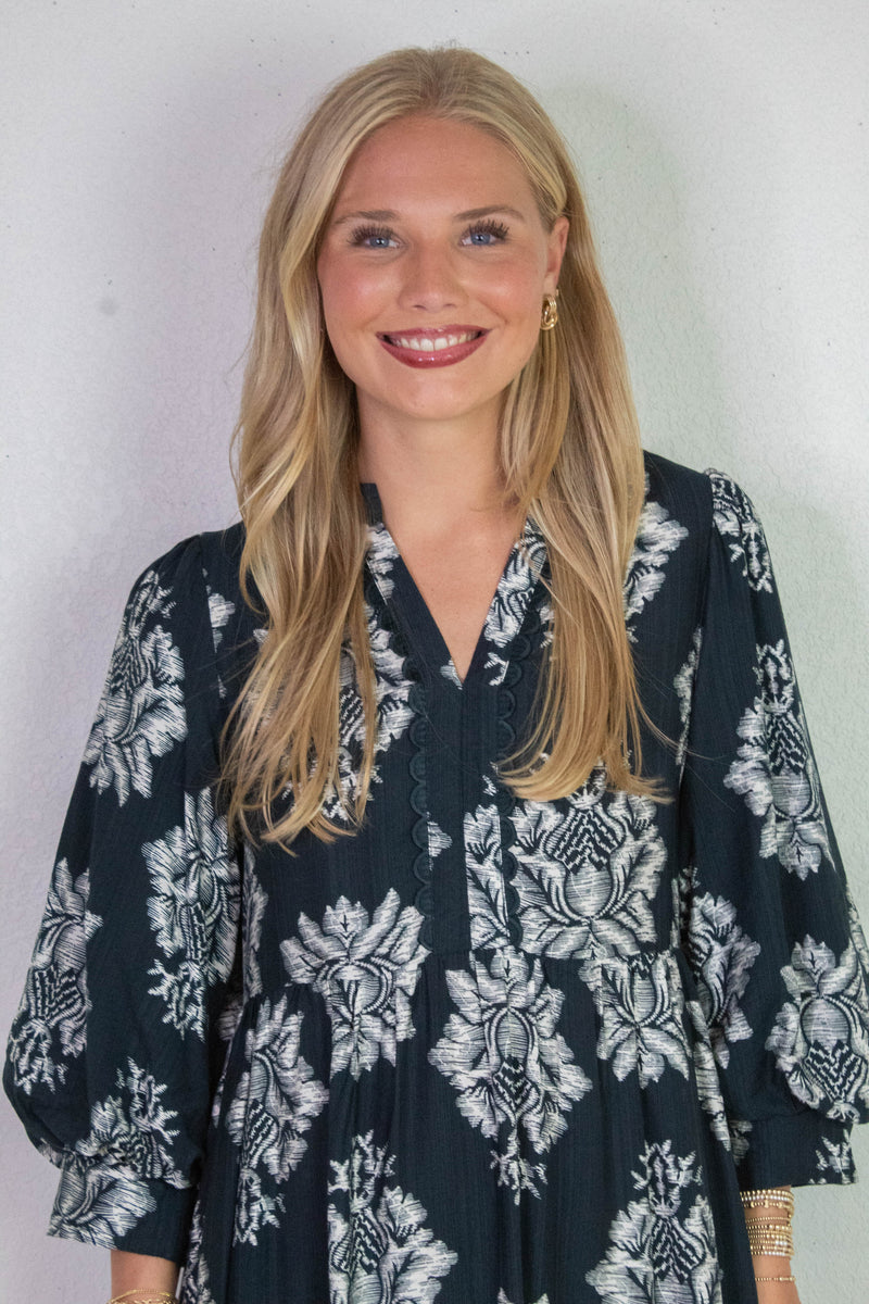 Cecilia Boho Floral Midi Dress, Navy