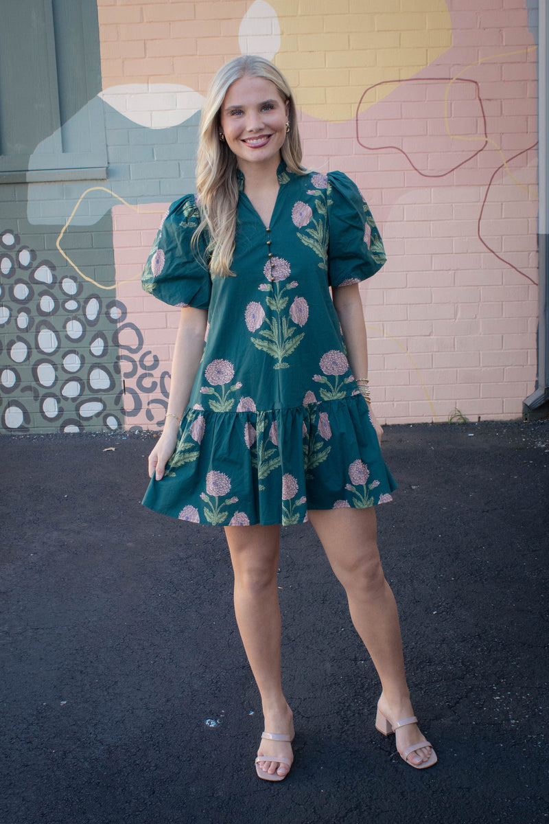 Avery Floral Bubble Sleeve Dress, Hunter Green