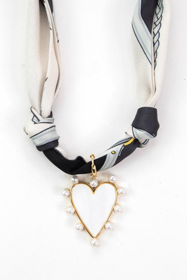 Mavis Pearlized Heart Scarf Necklace, Grey/White