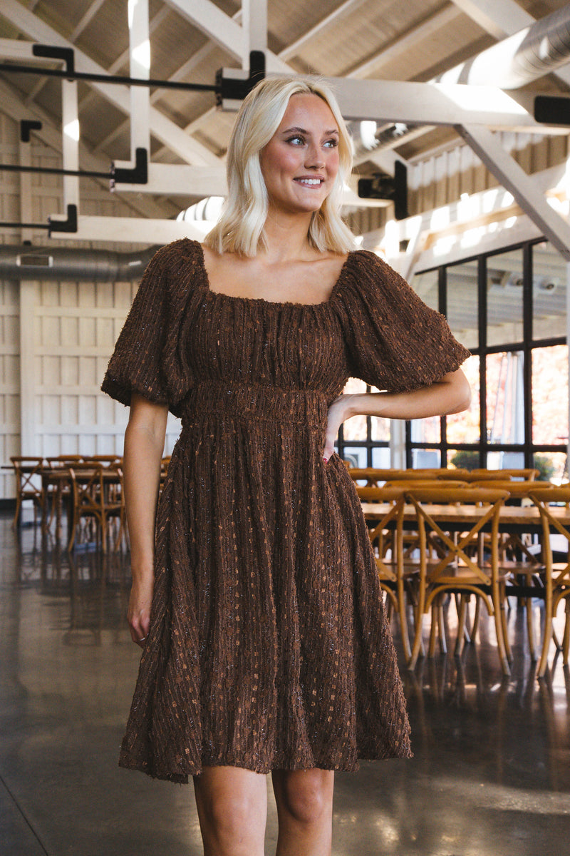 Davina Textured Square Neck Dress, Brown