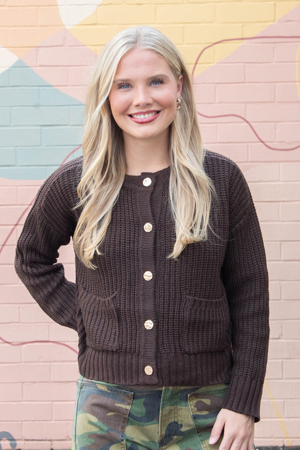 Catalina Metal Button Front Cardigan, Brown